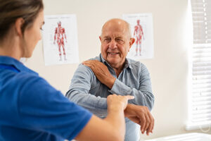 senior male learning about stress management benefits