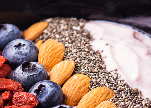 nuts and seeds in a proper nutrition bowl