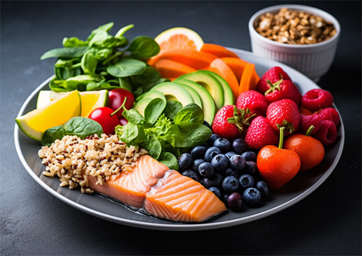 plate of fruits, vegetables, whole grains, and lean proteins