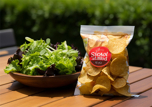 bag of potato chips next to a salad