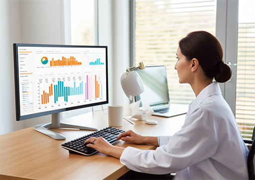 health information manager at a desk looking at data on a computer