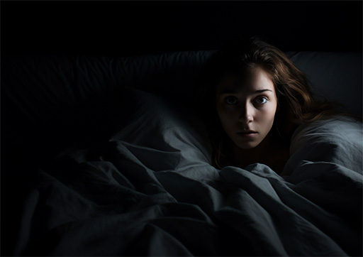 Femme couchée dans son lit regardant le plafond avec un regard inquiet