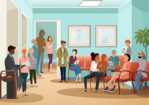 illustration of a crowded medical clinic waiting room
