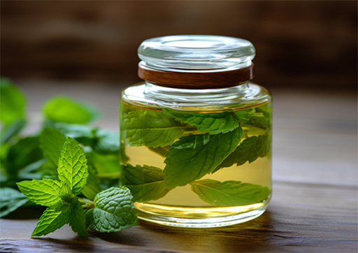 capped glass jar with peppermint leaves and oil steeping