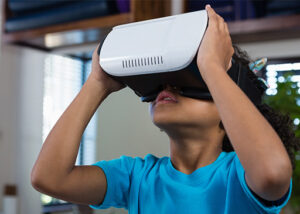 child wearing guided imagery headset