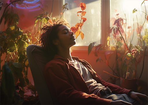 person sitting comfortably surrounded by calming imagery
