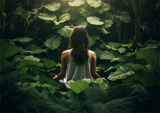 Person meditating surrounded by green leaves