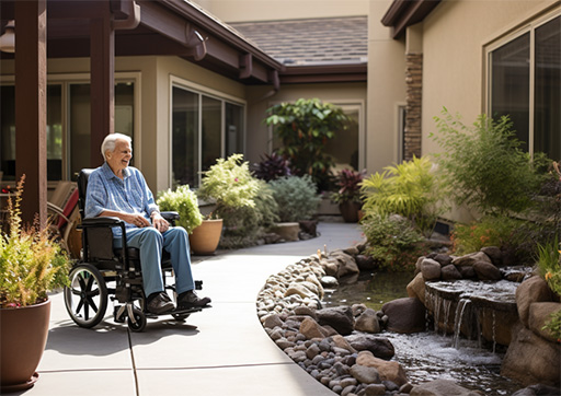 patient enjoying nature in a courtyard