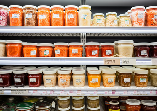 Grocery store shelves of fermented foods