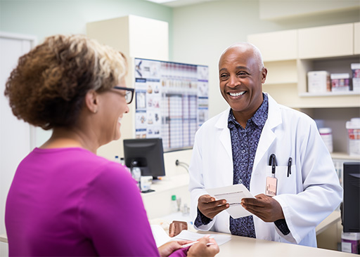 patient holding a prescription and smiling while looking at their doctor