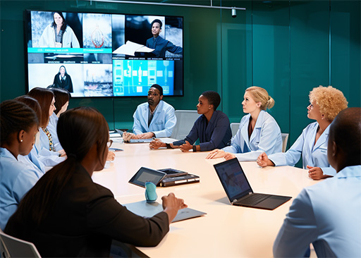 practitioners in healthcare communication sitting at conference table