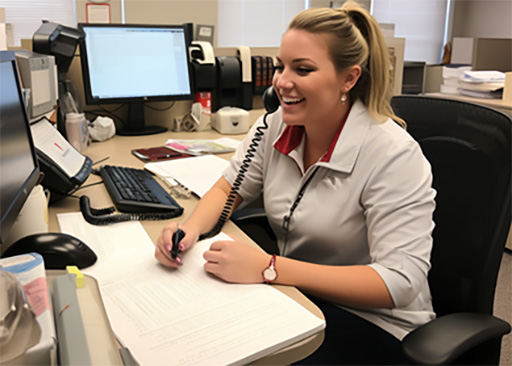 nurse on phone at desk at customer service in healthcare office