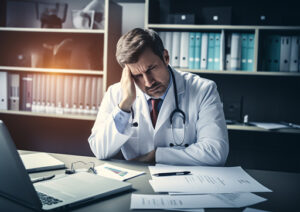 Gestresster Arzt erlebt Burnout am Schreibtisch