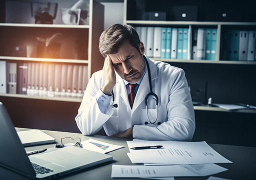 stressed doctor experiencing physician burnout at desk