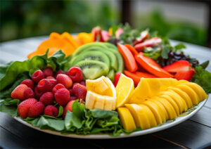 Teller mit Obst und Gemüse
