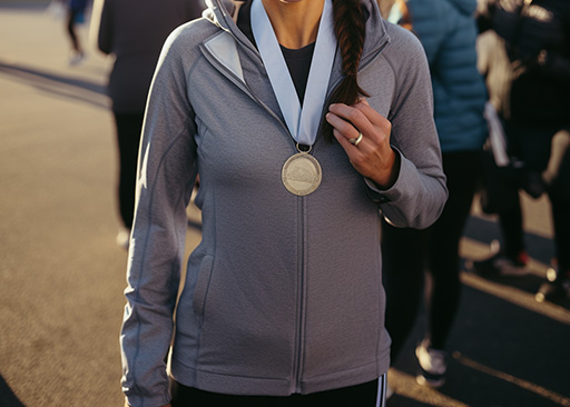 woman holding medal after race