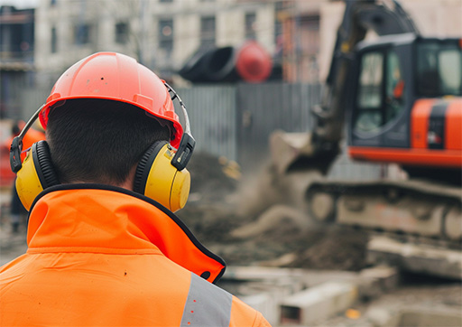 Bauarbeiter trägt Gehörschutz wegen Brummgeräuschen im Ohr