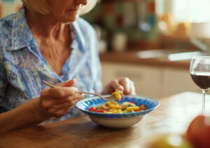 person slowly eating a holistic nutrition meal