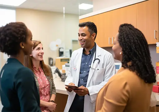 doctor speaking with family in medical clinic
