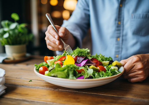 person eating a salad with leafy greens and vegetables