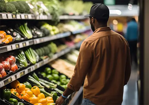 Person shopping for fruits and vegetables in grocery store