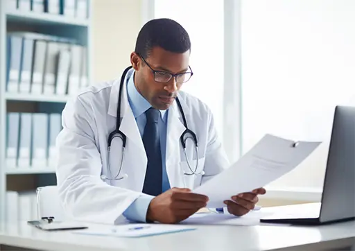 doctor examining paperwork of test results
