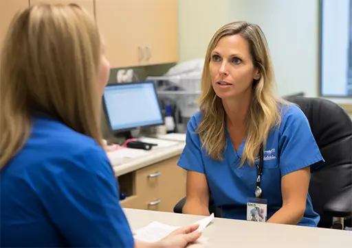 nurse speaking with a doctor