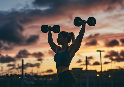 person exercising with weights in the evening