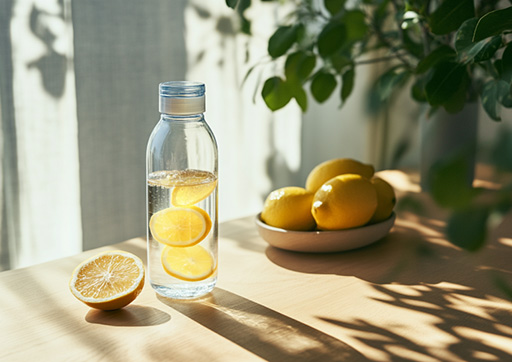 glass water bottle with lemons