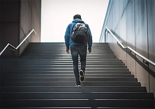 person walking up stairs