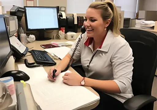 nurse on phone at desk in healthcare office