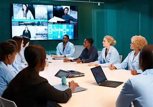 practitioners in healthcare communication sitting at conference table